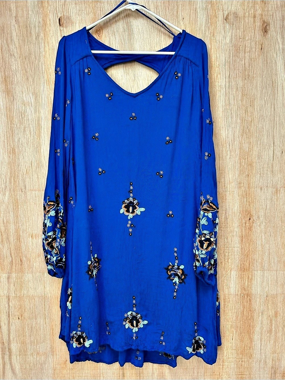 Free People Oxford Embroidered Shift Dress Floral Mini Dress in Blue Large